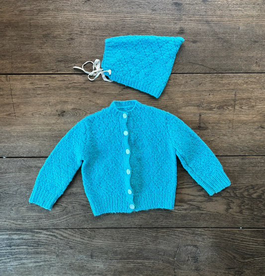 Vintage Blue Knit Cardigan & Bonnet