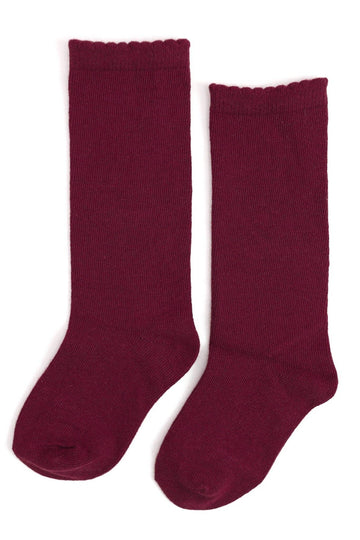 Scalloped Knee High Socks - Burgundy