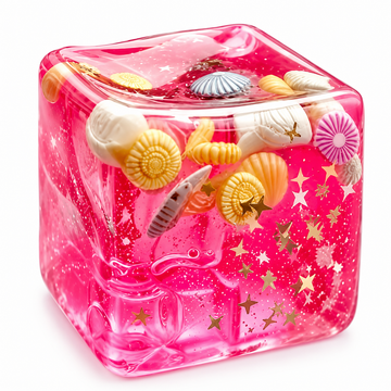 SMALL SQUISHY CUBE WITH SHELLS AND SPARKLES