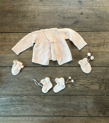 Vintage Knit Cardigan, Booties & Mitts