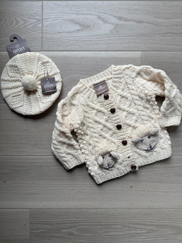 Aran Handknit Wool Cardigan & Hat