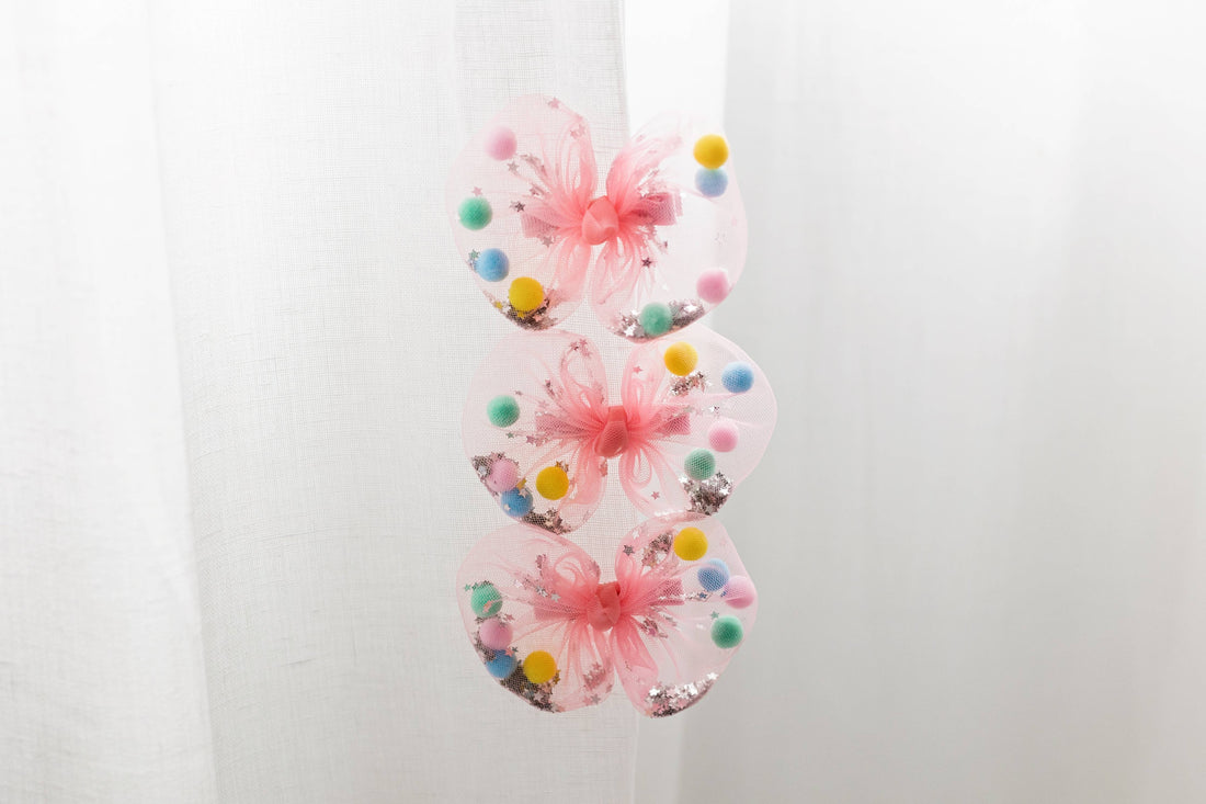 Mesh Sequin Pom Pom Bow - Pink
