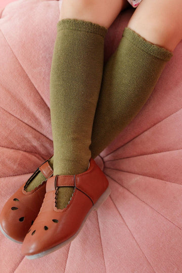 Scalloped Knee High Socks - Olive