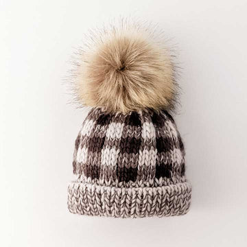 Grey Buffalo Check Pom Pom Beanie Hat Baby & Kids